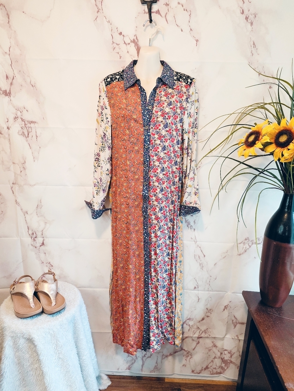 Natural Life Boho Patchwork Floral Shirt Dress Button Front Maxi XS - Picture 2 of 6